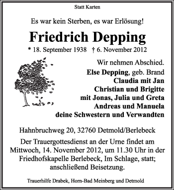 Anzeige  Friedrich Depping  Lippische Landes-Zeitung