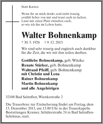 Anzeige  Walter Bohnenkamp  Lippische Landes-Zeitung