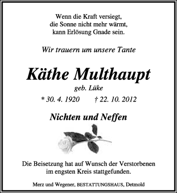 Anzeige  Käthe Multhaupt  Lippische Landes-Zeitung