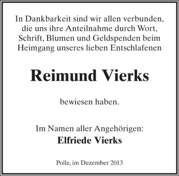 Anzeige  Reimund Vierks  Lippische Landes-Zeitung