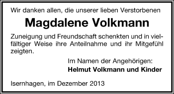 Anzeige  Magdalena Volkmann  Lippische Landes-Zeitung