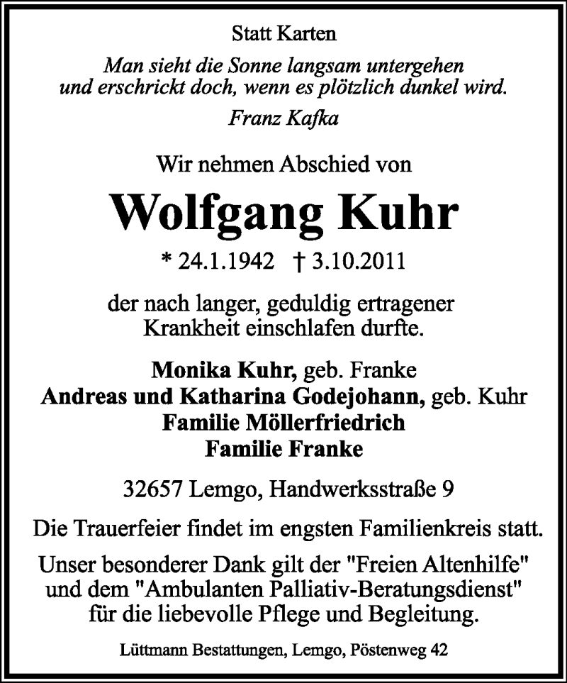  Traueranzeige für Wolfgang Kuhr vom 06.10.2011 aus Lippische Landes-Zeitung