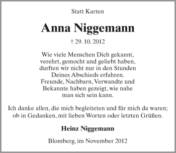 Anzeige  Anna Niggemann  Lippische Landes-Zeitung