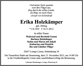 Anzeige  Erika Holzkämper  Lippische Landes-Zeitung