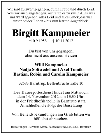 Anzeige  Birgitt Kampmeier  Lippische Landes-Zeitung