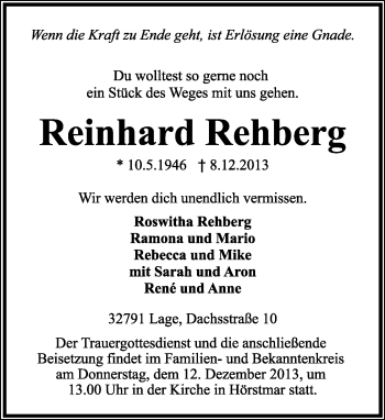 Anzeige  Reinhard Rehberg  Lippische Landes-Zeitung