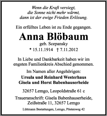 Anzeige  Anna Blöbaum  Lippische Landes-Zeitung