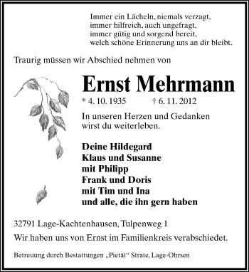 Anzeige  Ernst Mehrmann  Lippische Landes-Zeitung