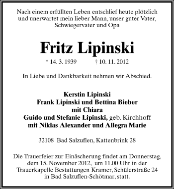 Anzeige  Fritz Lipinski  Lippische Landes-Zeitung