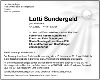Anzeige  Lotti Sundergeld  Lippische Landes-Zeitung
