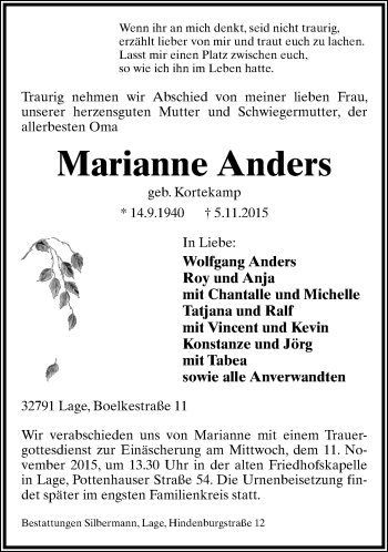 Anzeige  Marianne Anders  Lippische Landes-Zeitung