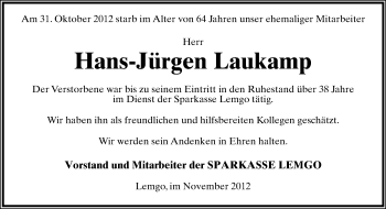 Anzeige  Hans-Jürgen Laukamp  Lippische Landes-Zeitung