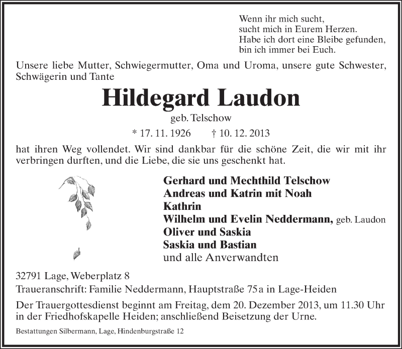  Traueranzeige für Hildegard Laudon vom 14.12.2013 aus Lippische Landes-Zeitung