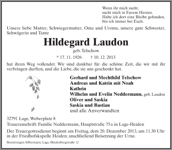 Anzeige  Hildegard Laudon  Lippische Landes-Zeitung