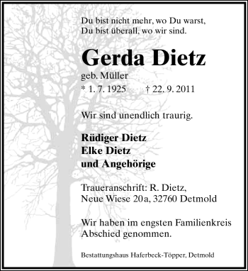 Anzeige  Gerda Dietz  Lippische Landes-Zeitung