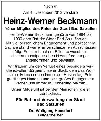 Anzeige  Heinz-Werner Beckmann  Lippische Landes-Zeitung