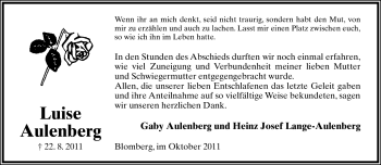 Anzeige  Luise Aulenberg  Lippische Landes-Zeitung