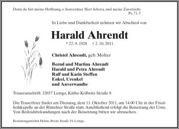 Anzeige  Harald Ahrendt  Lippische Landes-Zeitung