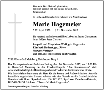 Anzeige  Marie Hagemeier  Lippische Landes-Zeitung