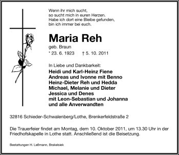 Anzeige  Maria Reh  Lippische Landes-Zeitung