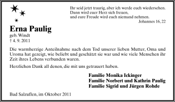 Anzeige  Erna Paulig  Lippische Landes-Zeitung