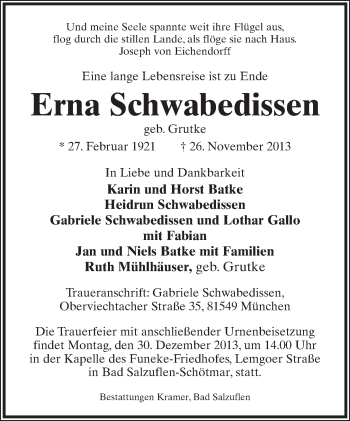 Anzeige  Erna Schwabedissen  Lippische Landes-Zeitung