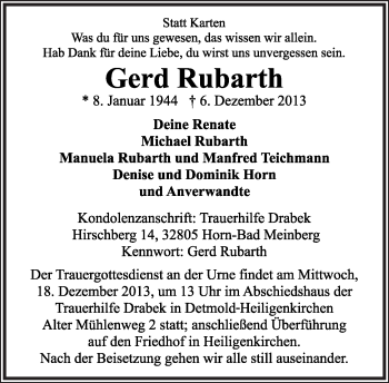 Anzeige  Gerhard Rubarth  Lippische Landes-Zeitung
