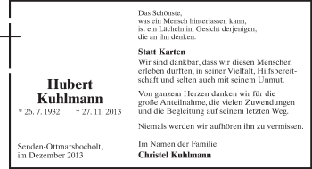 Anzeige  Hubert Kuhlmann  Lippische Landes-Zeitung