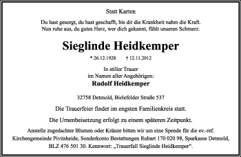 Anzeige  Sieglinde Heidkemper  Lippische Landes-Zeitung