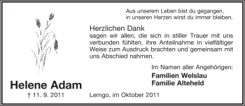 Anzeige  Helene Adam  Lippische Landes-Zeitung
