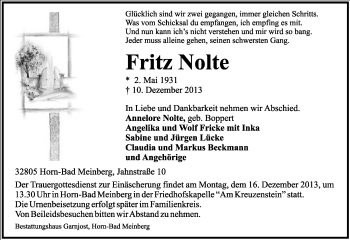 Anzeige  Fritz Nolte  Lippische Landes-Zeitung