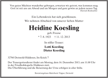 Anzeige  Heidine Koesling  Lippische Landes-Zeitung