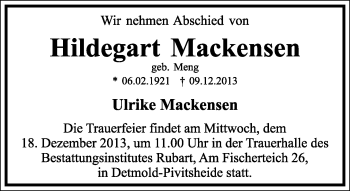 Anzeige  Hildegart Mackensen  Lippische Landes-Zeitung