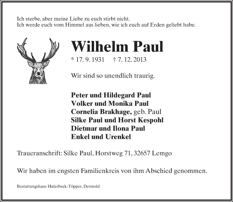  Traueranzeige für Wilhelm Paul vom 21.12.2013 aus Lippische Landes-Zeitung