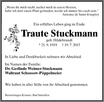 Anzeige  Traute Stuckmann  Lippische Landes-Zeitung