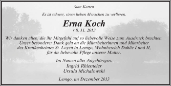 Anzeige  Erna Koch  Lippische Landes-Zeitung