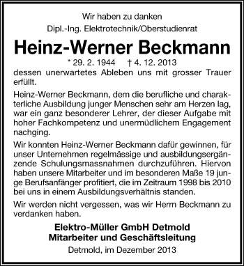 Anzeige  Heinz-Werner Beckmann  Lippische Landes-Zeitung