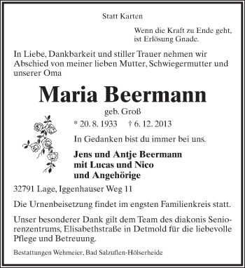 Anzeige  Maria Beermann  Lippische Landes-Zeitung