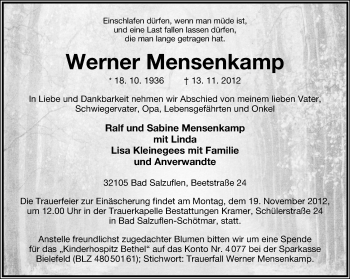 Anzeige  Werner Mensenkamp  Lippische Landes-Zeitung
