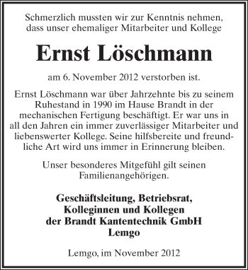 Anzeige  Ernst Löschmann  Lippische Landes-Zeitung