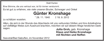 Anzeige  Günter Kronshage  Lippische Landes-Zeitung