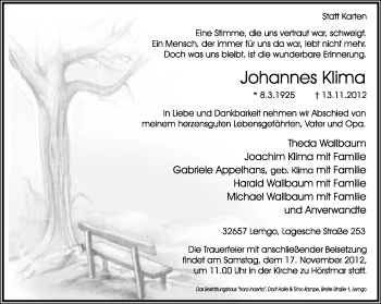 Anzeige  Johannes Klima  Lippische Landes-Zeitung