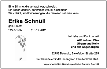 Anzeige  Erika Schnüll  Lippische Landes-Zeitung