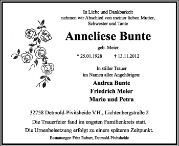 Anzeige  Anneliese Bunte  Lippische Landes-Zeitung