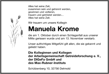 Anzeige  Manuela Krome  Lippische Landes-Zeitung