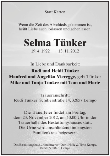 Anzeige  Selma Tünker  Lippische Landes-Zeitung