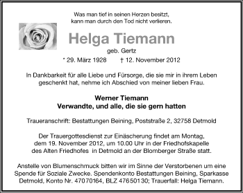 Anzeige  Helga Tiemann  Lippische Landes-Zeitung