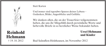Anzeige  Reinhold Hehmann  Lippische Landes-Zeitung