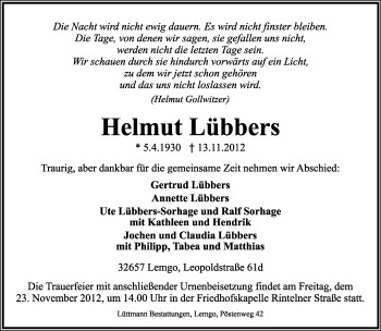 Anzeige  Helmut Lübbers  Lippische Landes-Zeitung