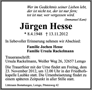 Anzeige  Jürgen Hesse  Lippische Landes-Zeitung